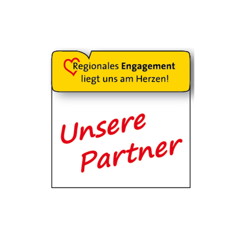 Das Bild zeigt ein Logo mit gelbem Kopfbereich, auf dem „Regionales Engagement liegt uns am Herzen!“ neben einem roten Herzsymbol steht. Darunter ist in roter Handschrift „Unsere Partner“ geschrieben.