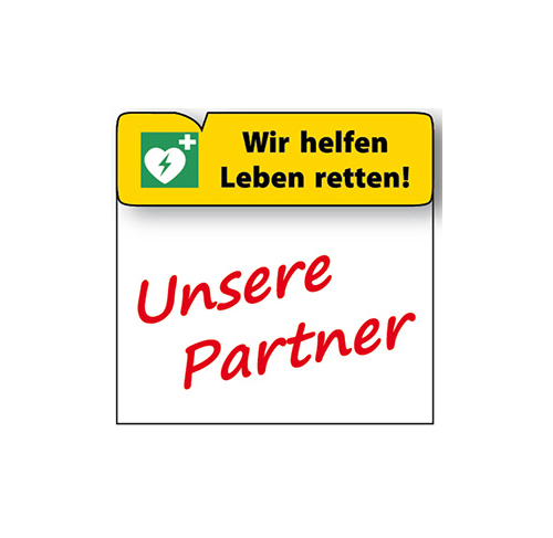 Das Bild zeigt ein Logo mit einem gelben Feld oben, in dem „Wir helfen Leben retten!“ neben einem Defibrillator-Symbol steht, darunter der Text „Unsere Partner“ in roter Schrift.
